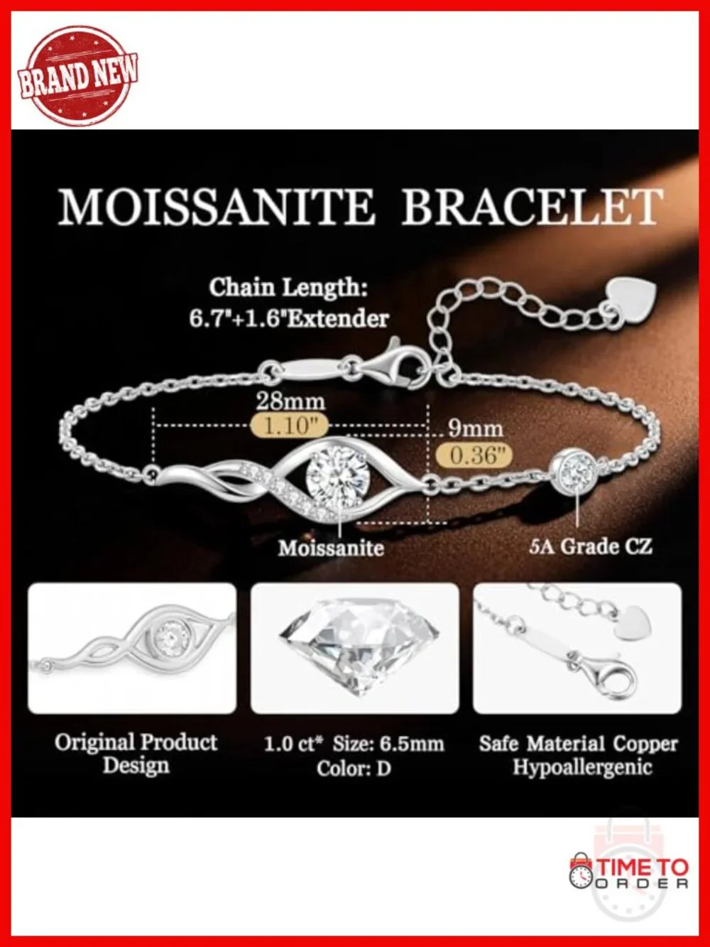 1CT Moissanite Infinity Bracelet with Adjustable Chain, Hypoallergenic